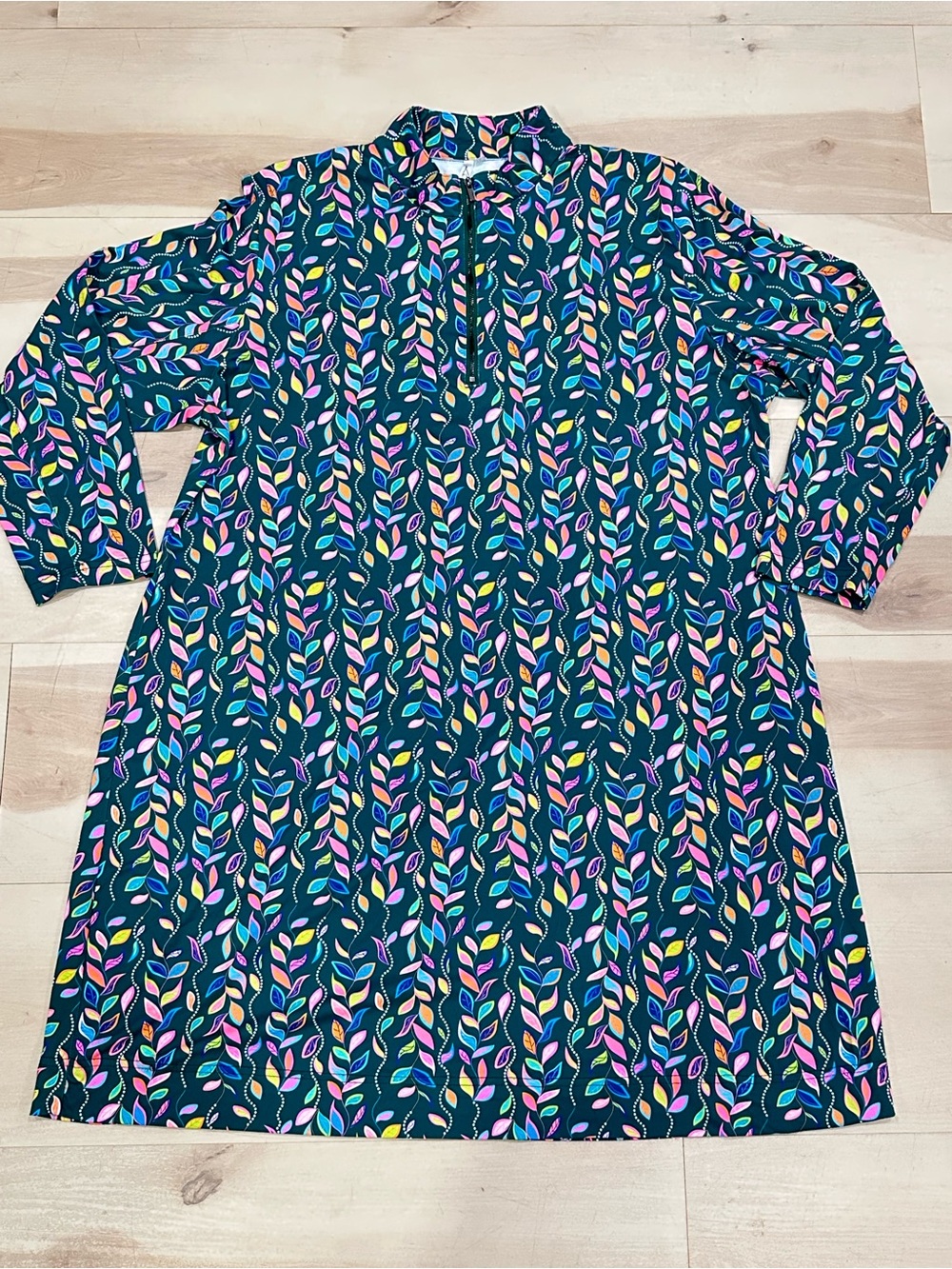 Lulu-B multi-color falling leaf print dress Sz 1X Dark Green 3/4 Sleeve UPF 50+